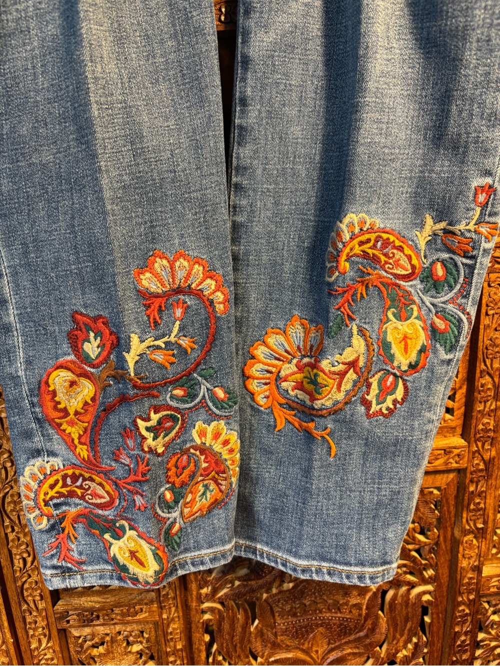 Chico’s Blue Cropped Jeans with Colorful Embroidered Hems
